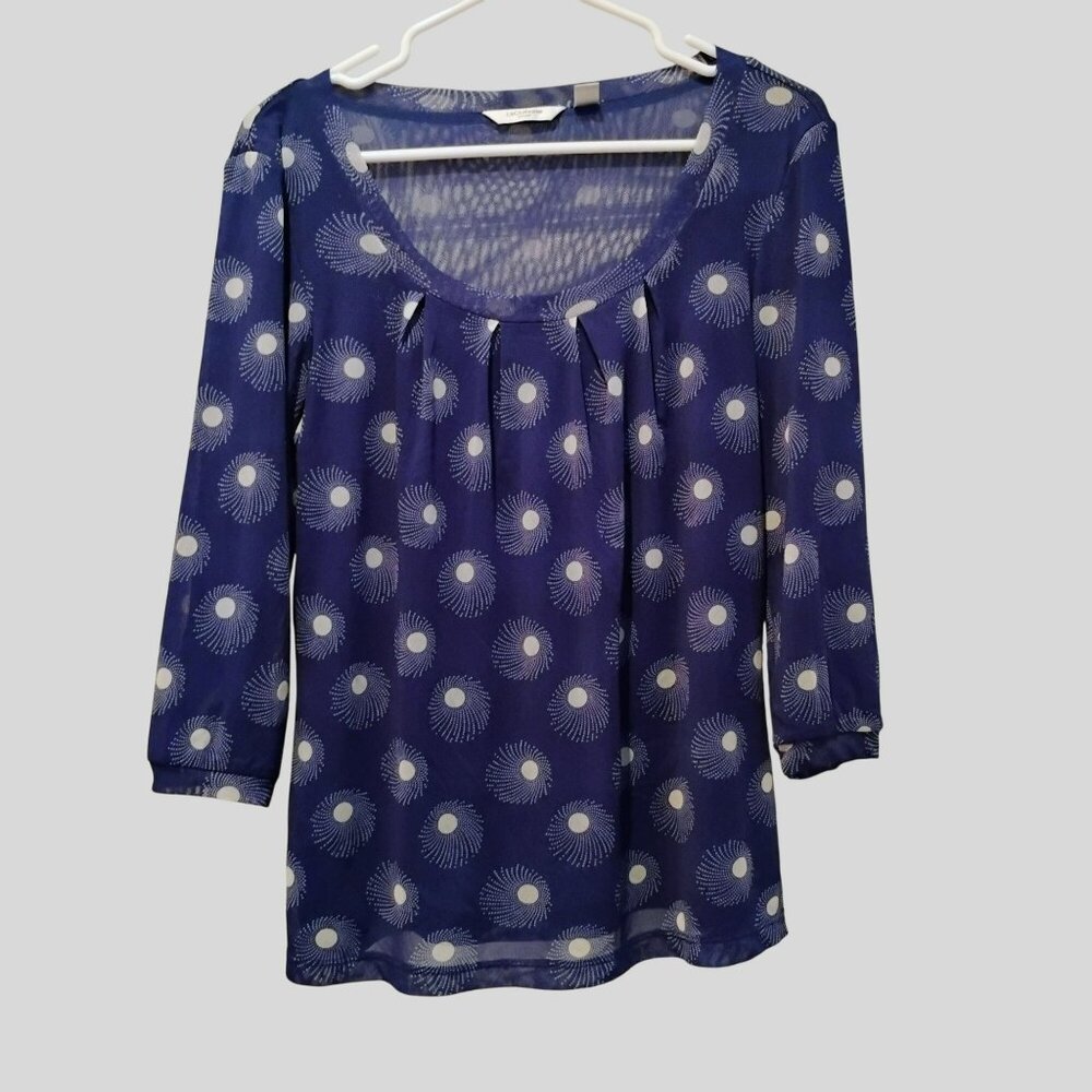 Liz Claiborne Womens Sheer Navy Top With Sunburst Polka Dot Pattern Size L